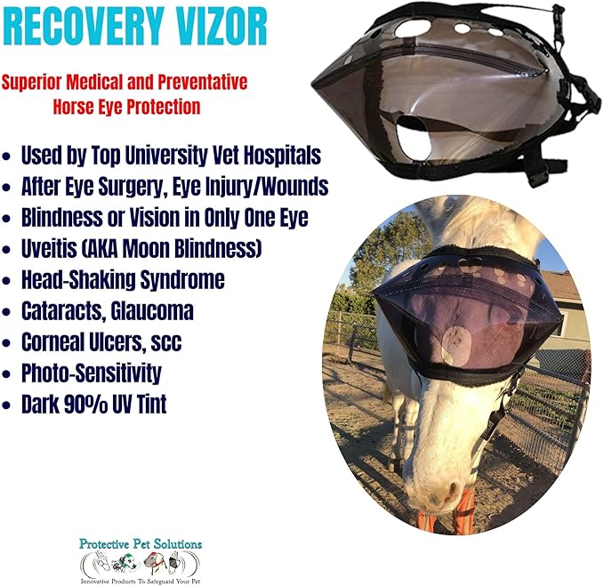 Recovery Vizor, (Size: Mini/Foal - Dark UV Tint) Medical and Preventative Horse Eye (Goggle) Protection Mask for Uveitis/Injury/Scratch or Corneal Ulcer, Infection, Blindness.