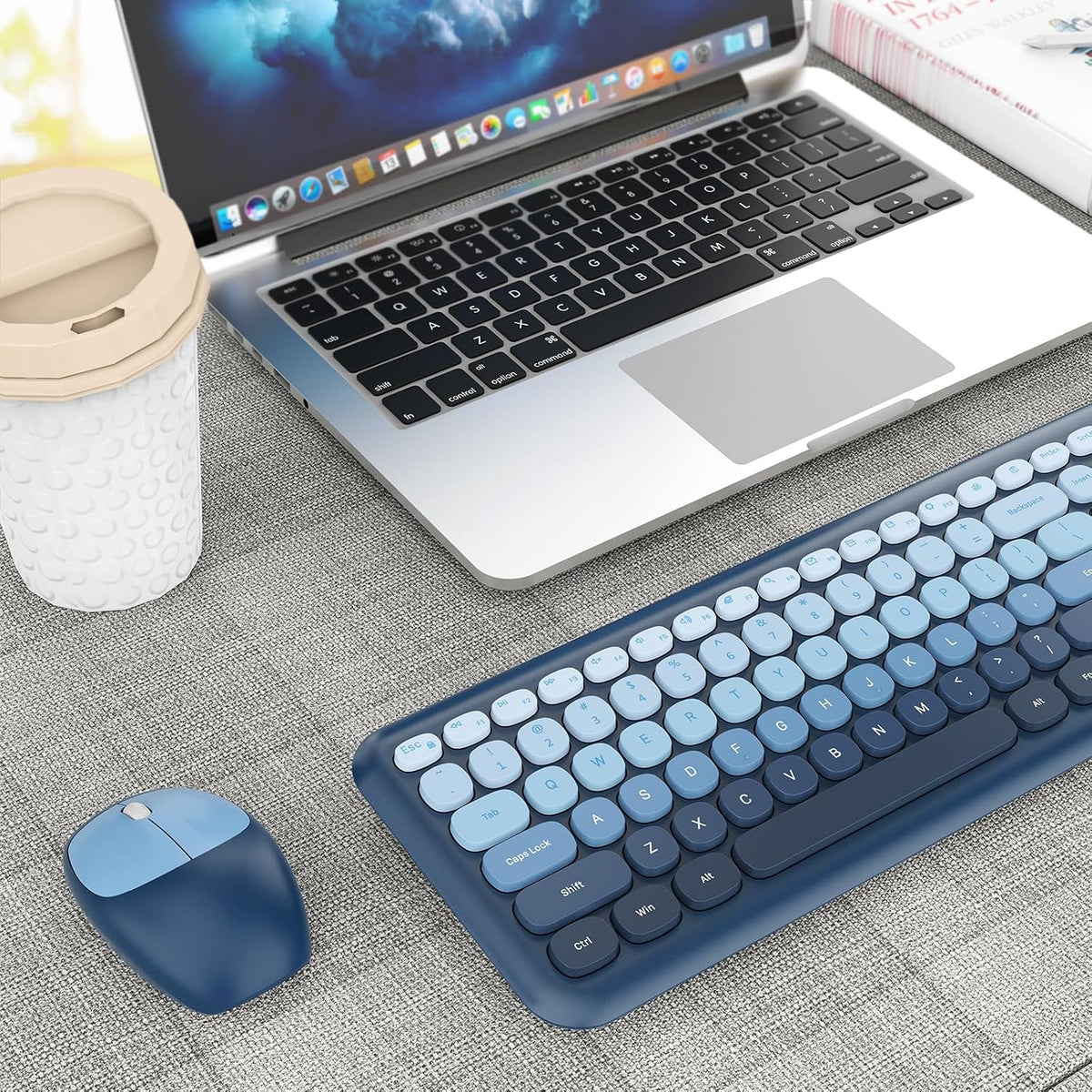 HotFox Blue Wireless Keyboard and Mouse Combo, Retro Typewriter Keyboard
