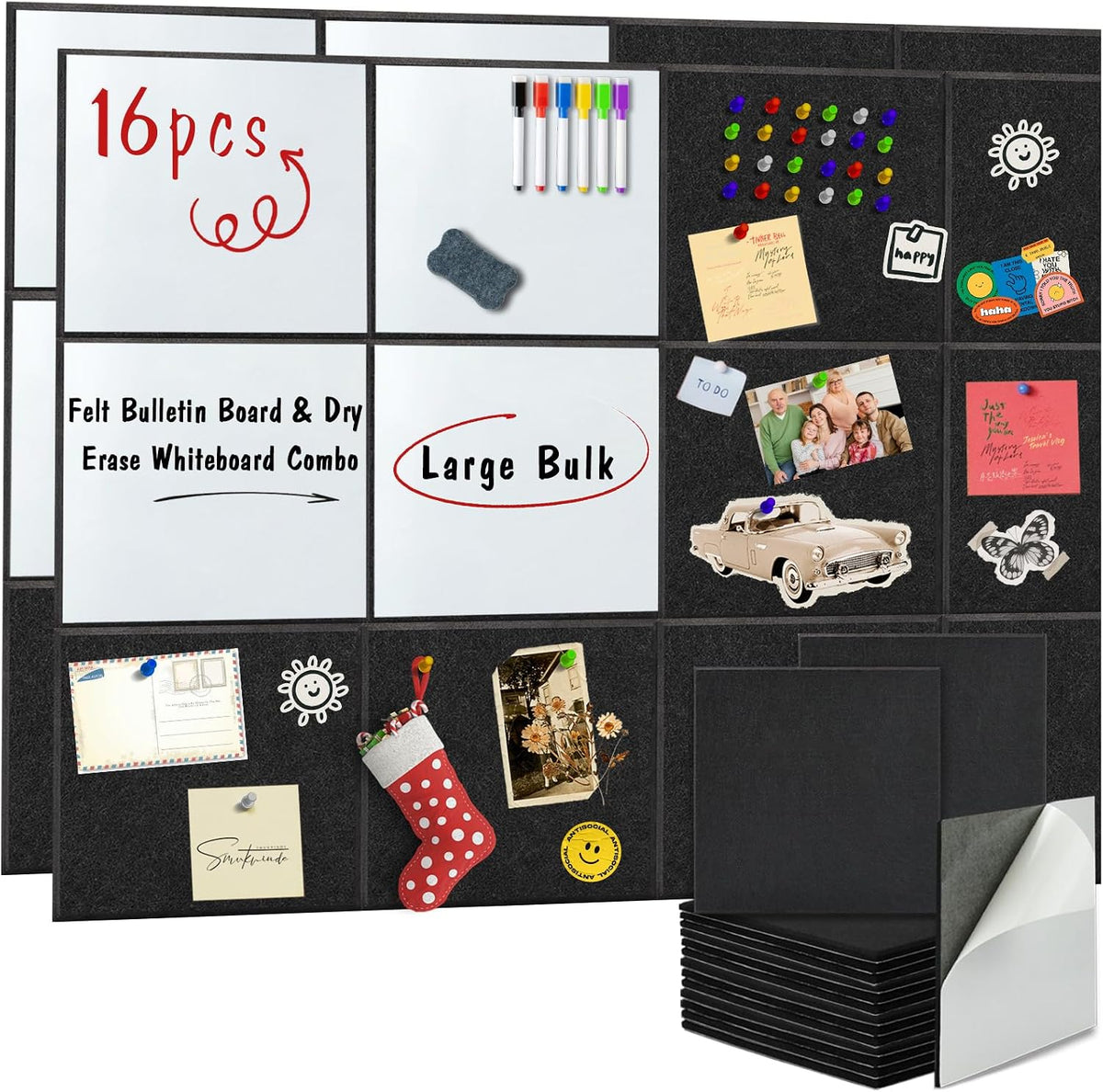 BXI Felt Bulletin Board with Pins & Magnetic Dry Erase Whiteboard Combo, 16 Pcs 12 X 12 X 3/8 Inch Self-Adhesive Vision Display Tiles, Note Memo Panels for Home School Education Office Wall Decor