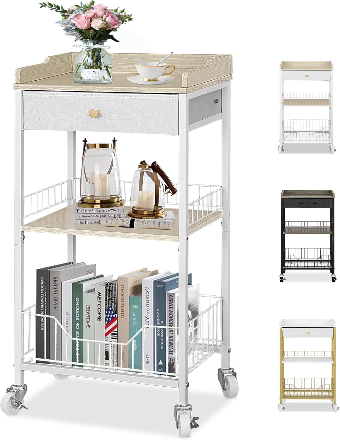 4-Tier Small Side Table with Wheels & Drawer, White & Natural