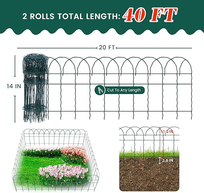 2 Rolls Green Garden Fence Border, 14 in x 40 ft Metal Folding Fence Wire Roll Garden Border Edging, Garden Fence Roll Flower Bed Fencing for Outdoor Yard