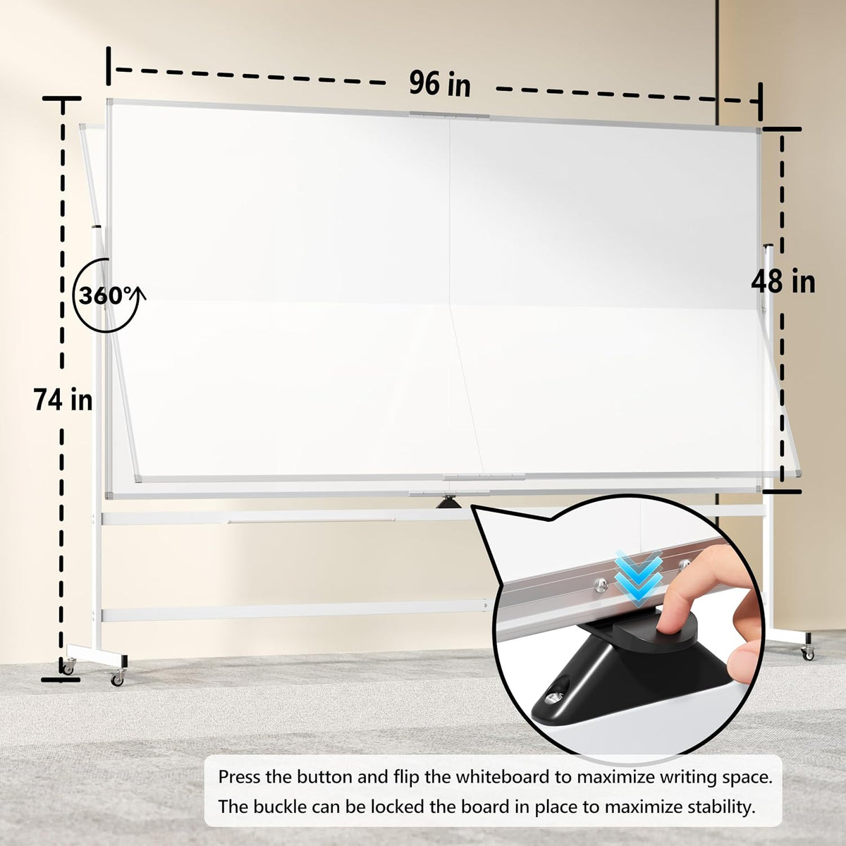 Large Rolling Whiteboard on Wheels, 96" x 48" Double-Sided Mobile White Board with Stand, 6' x 3' Portable Standing Magnetic Dry Erase Board Easel for Home Office Classroom School, Silver