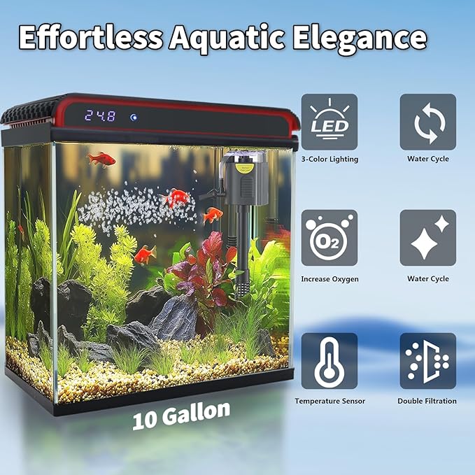 Glass 10 Gallon Fish Tank Aquarium - Smart Self-Cleaning Starter Kit with 3-Color LED Light, Ultra Quiet Pump & Filter, Temperature Monitoring for Betta Fish and Shrimp