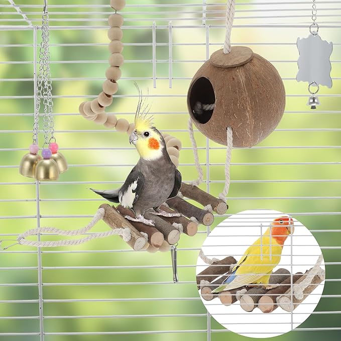 9pcs Cockatiel Toys, Interactive Bird Toy, Parrot Toys, Parrots Chewing Wood and Rope Bird Cage Accessories for Parakeets Cockatiel Wood Color