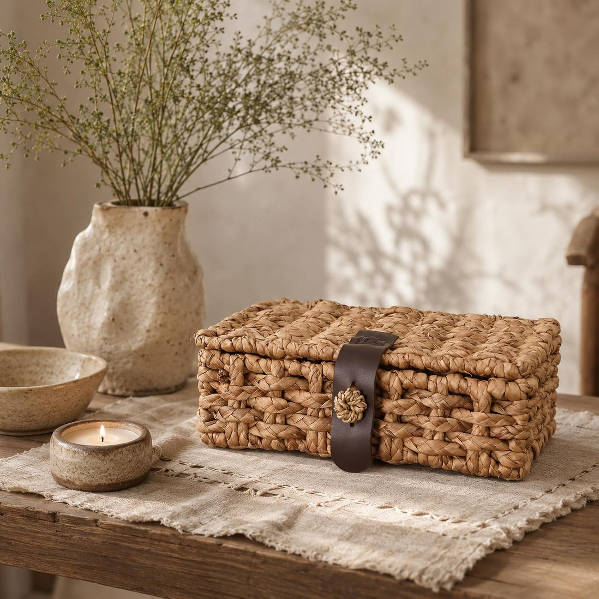 2Pcs Decorative Box, Wicker Basket with Lid, Water Hyacinth Basket for Home