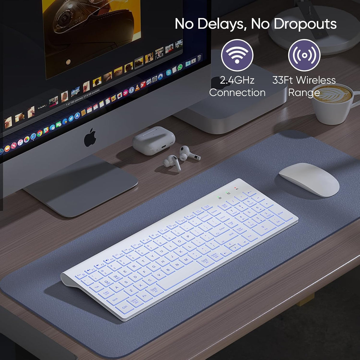 SABLUTE Wireless Keyboard with 7-Color Backlight, Quiet Low-Profile Keys