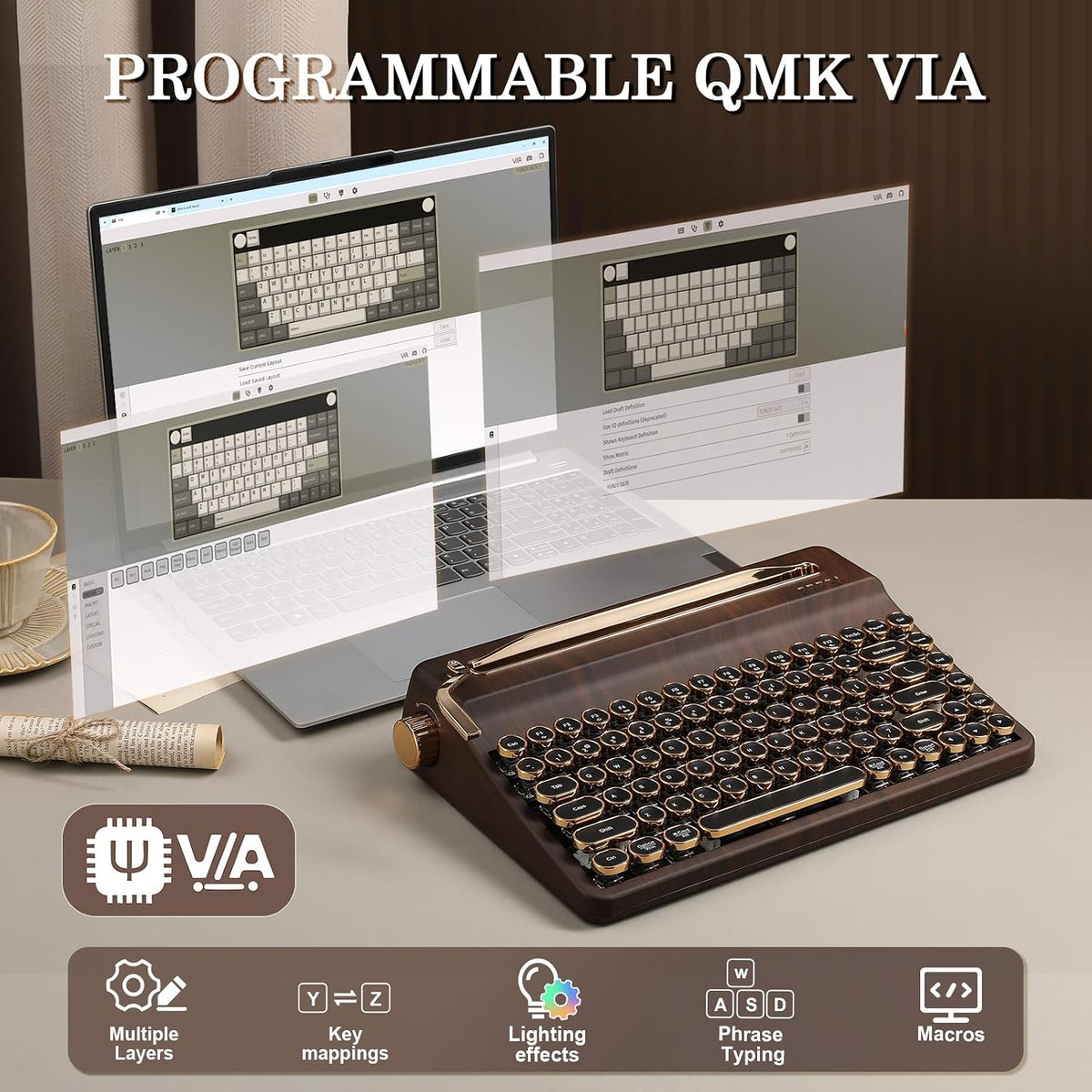 YUNZII QL75 Retro Typewriter Hot Swap RGB Keyboard (Wood, Onyx Switch)