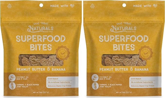Dog Treat Naturals: Superfood Bites - Peanut Butter & Banana - 8oz Bag, Healthy Snacks, Chewy Reward, Turmeric for Joint Health (Pack of 2)