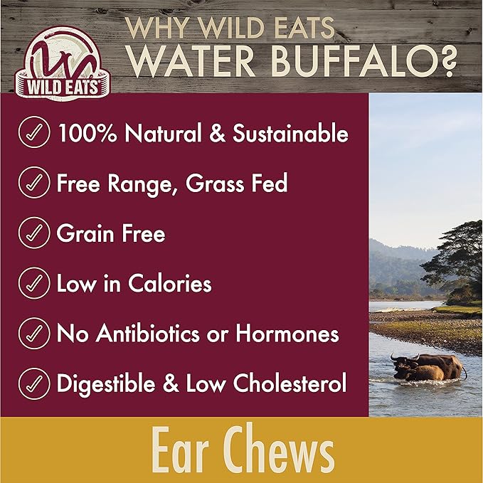Wild Eats Water Buffalo All Natural Ear Dog Chews, Single Ingredient Dog Treats - 20 Count (Grain Free Treats - Great Alternative to Pig Ears, Cow Ears, Bones & Rawhides)
