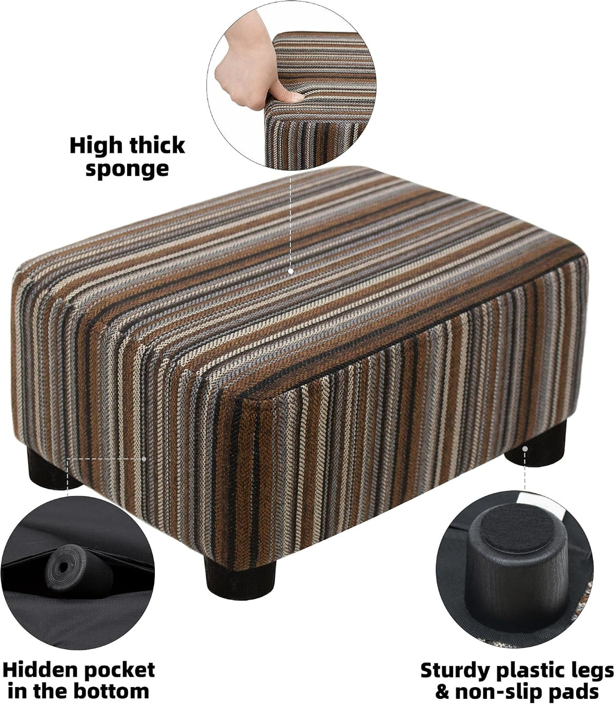 CAROLMADE Small Foot Stool Ottoman Footstool with Legs Under Desk Footrest for Living Room Bedroom and Office,Linen-Stripe Brown