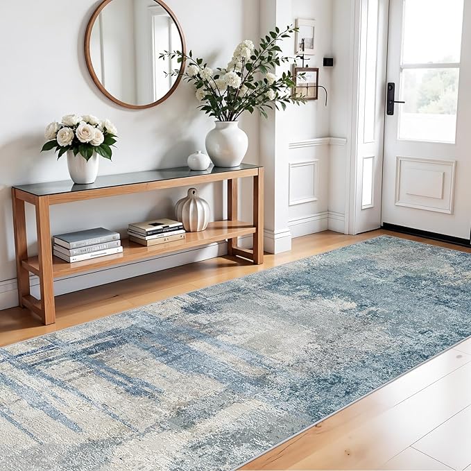 Washable Wide Runner Rug 4x10 : Modern Abstract Hallway Rugs