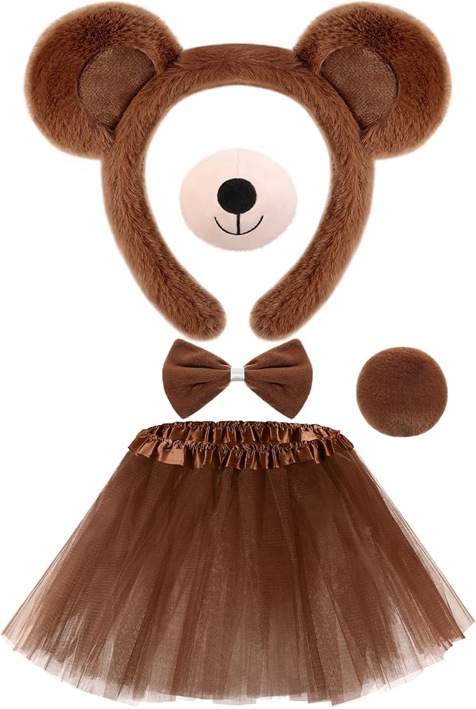 Zhanmai 5 Pcs Carnival Animal Costume Kid Bear Puppy Dog Pup Kangaroo with Tutu Ear Headband Bowtie Tail Paws for Boys Girls