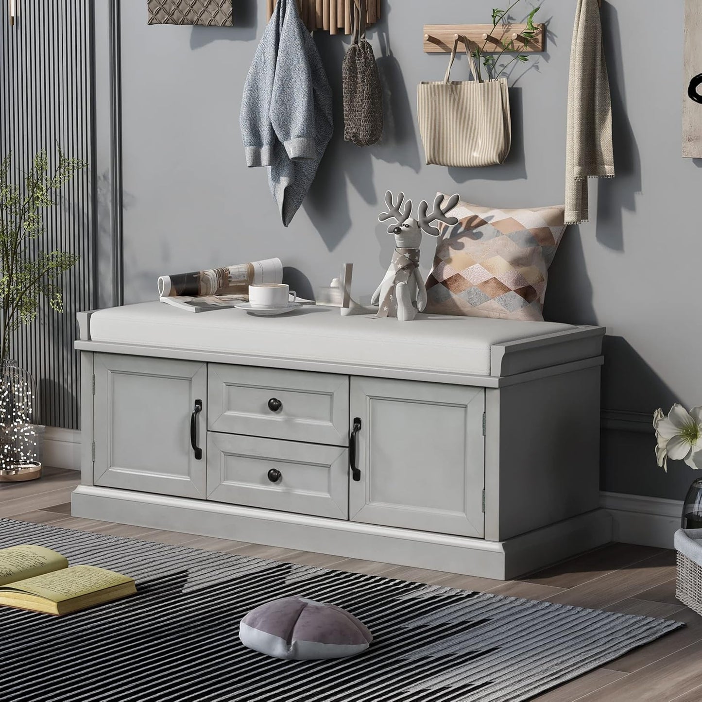 Shoe Storage Bench with 2 Drawers and 2 Cabinets, Pine Wood Shoe Bench with Removable Cushion for Living Room, Entryway 42.5" L x 15.9" W x 17.5" H (Gray Wash)