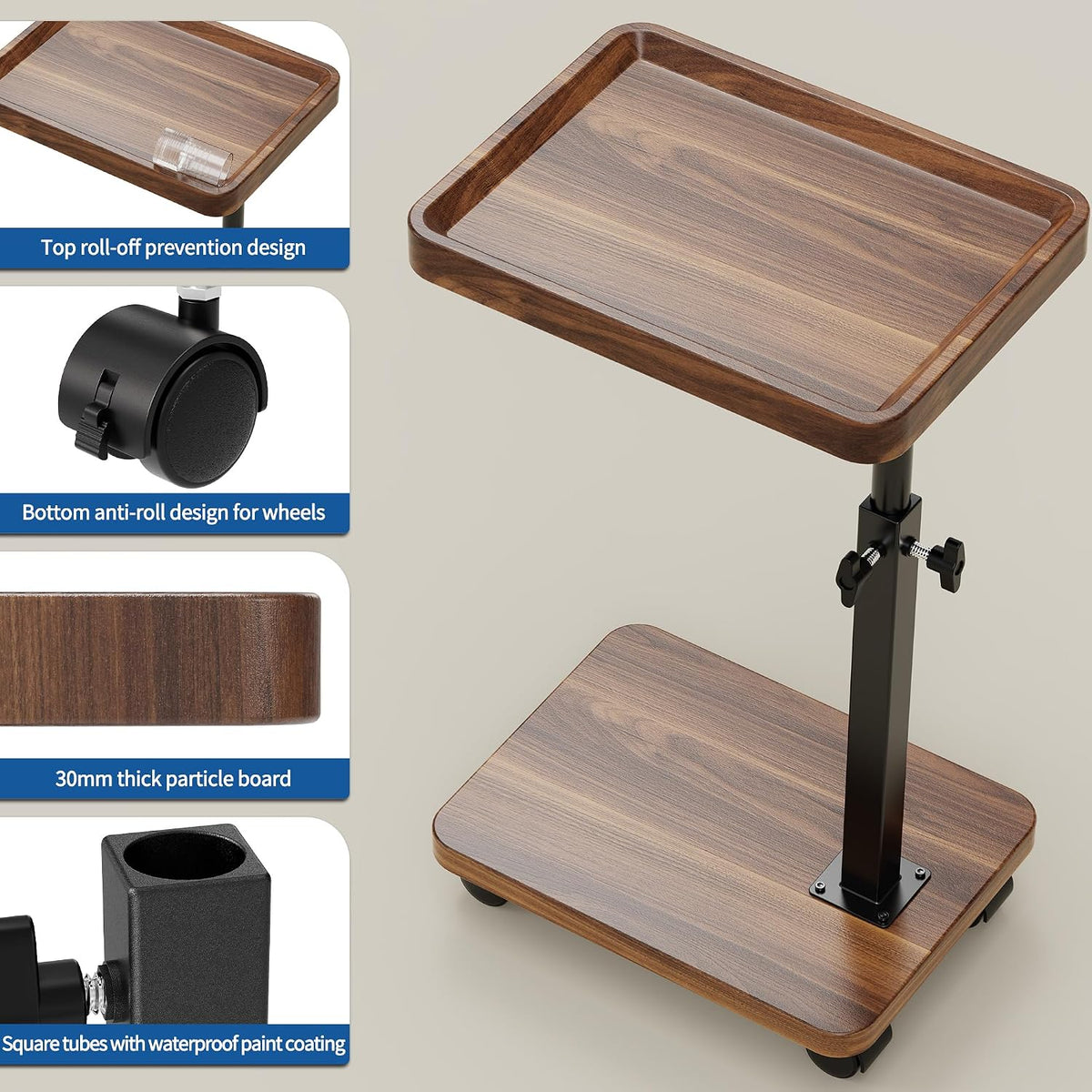 C Table with Wheels, Adjustable Height, 360° Swivel Bed Tray Table