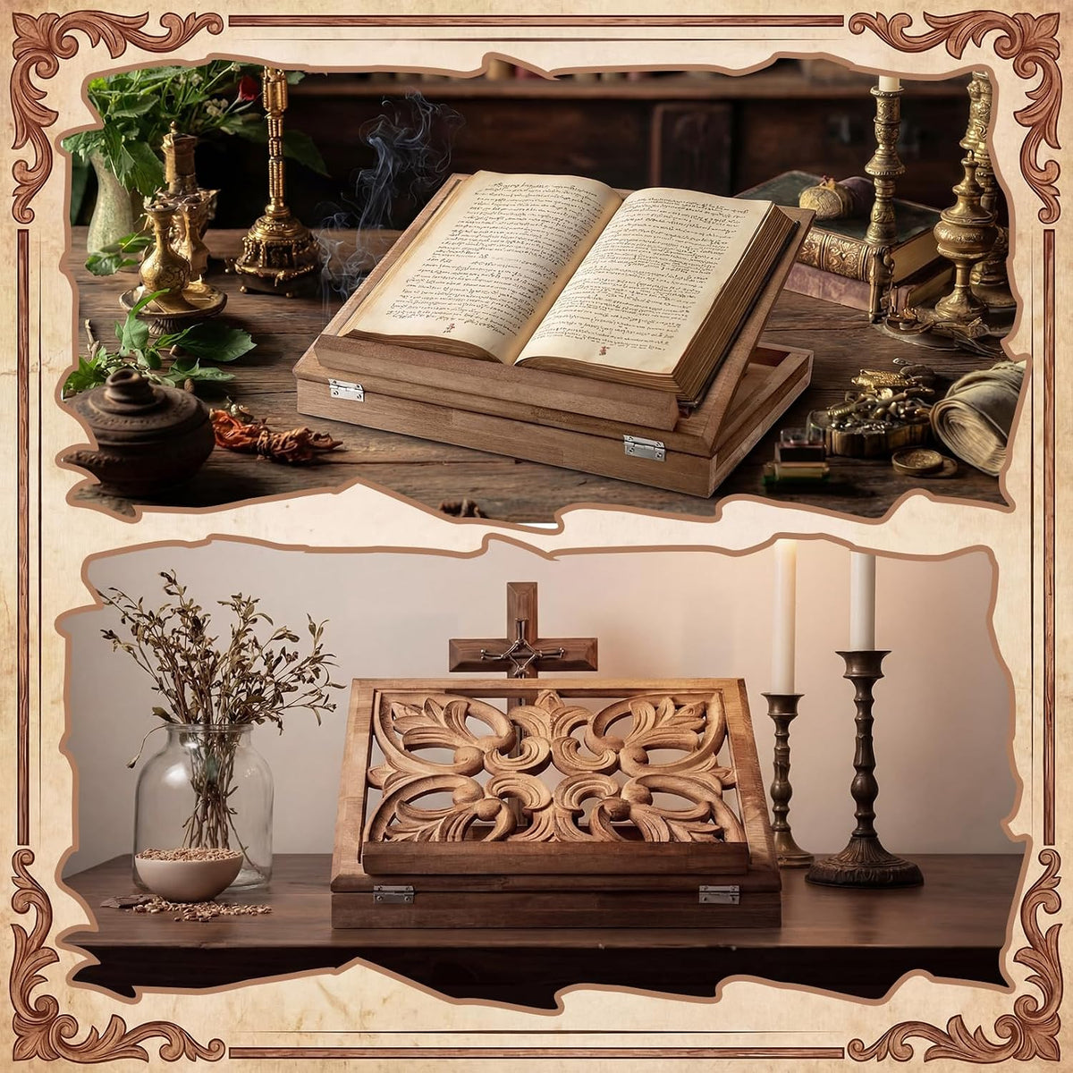 Amyhill Adjustable Wooden Bible Stand 13x10, Carved Book Holder, Classic