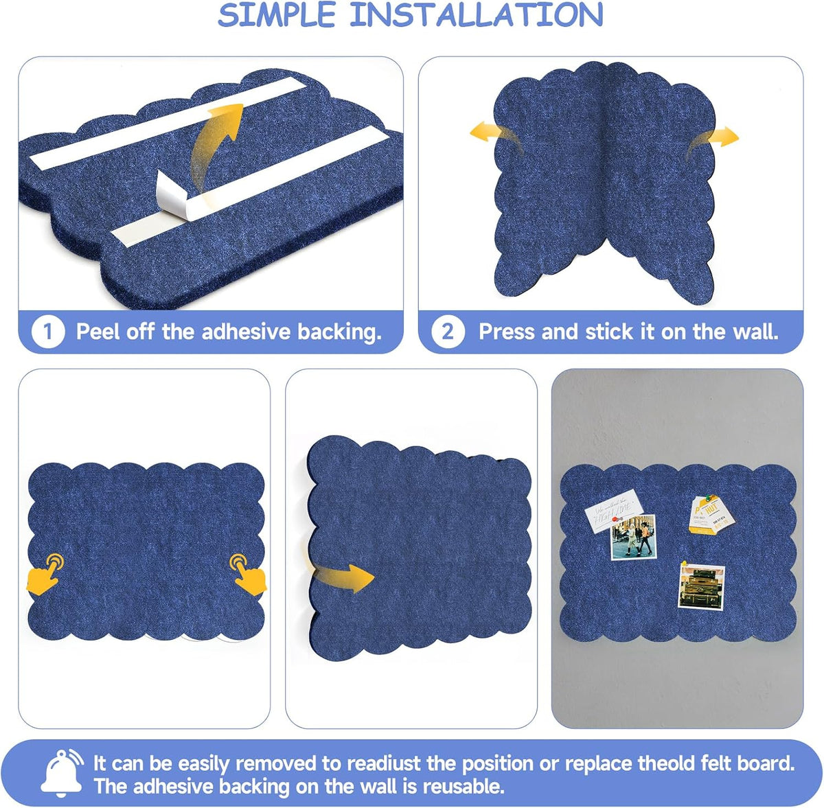 Felt Bulletin Board 36" x 24" Cork Board Alternative,Decorative Felt Pin Board Foldable Cork Boards for Walls Self-Adhesive Cork Board for Home Office Classroom Pin Board (Dark Blue)