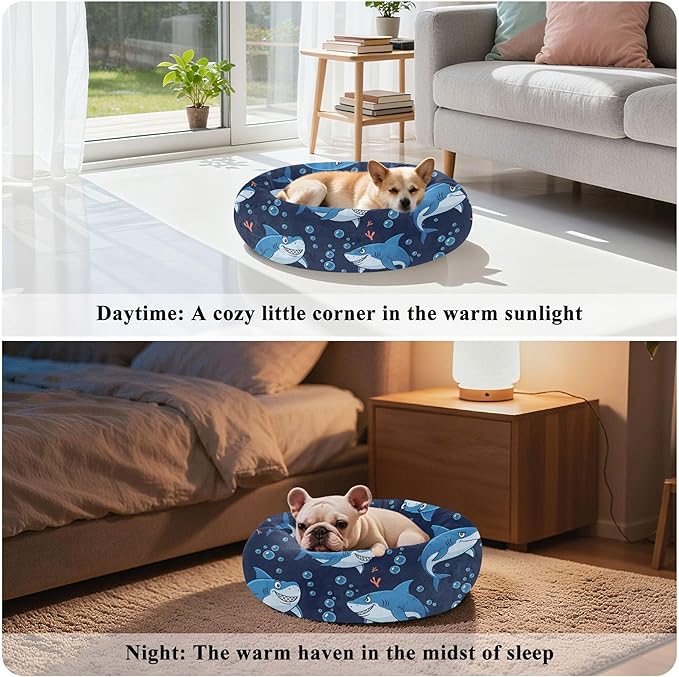 Burbuja Sharks Donut Pet Bed, Calming Soft Dog Bed with Anti-Slip Bottom, Round Cuddler Support for Dogs & Cats, Washable 20 in