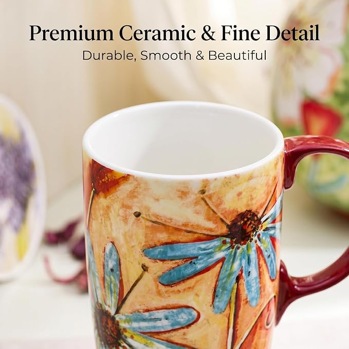 Topadorn 17 oz Ceramic Travel Mug, Colorful Floral Coffee Mug