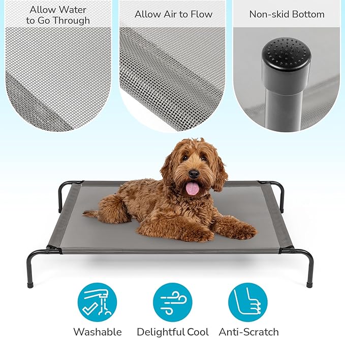 Cooling Elevated Dog Bed,Portable Pet Cot Raised Outdoor Dog Cot for Large Dogs, Installation Requires No Tools, Frame with Washable Breathable Mesh, Anti-Slip Feet, Indoor Pet Bed,43.2 Inches Gray