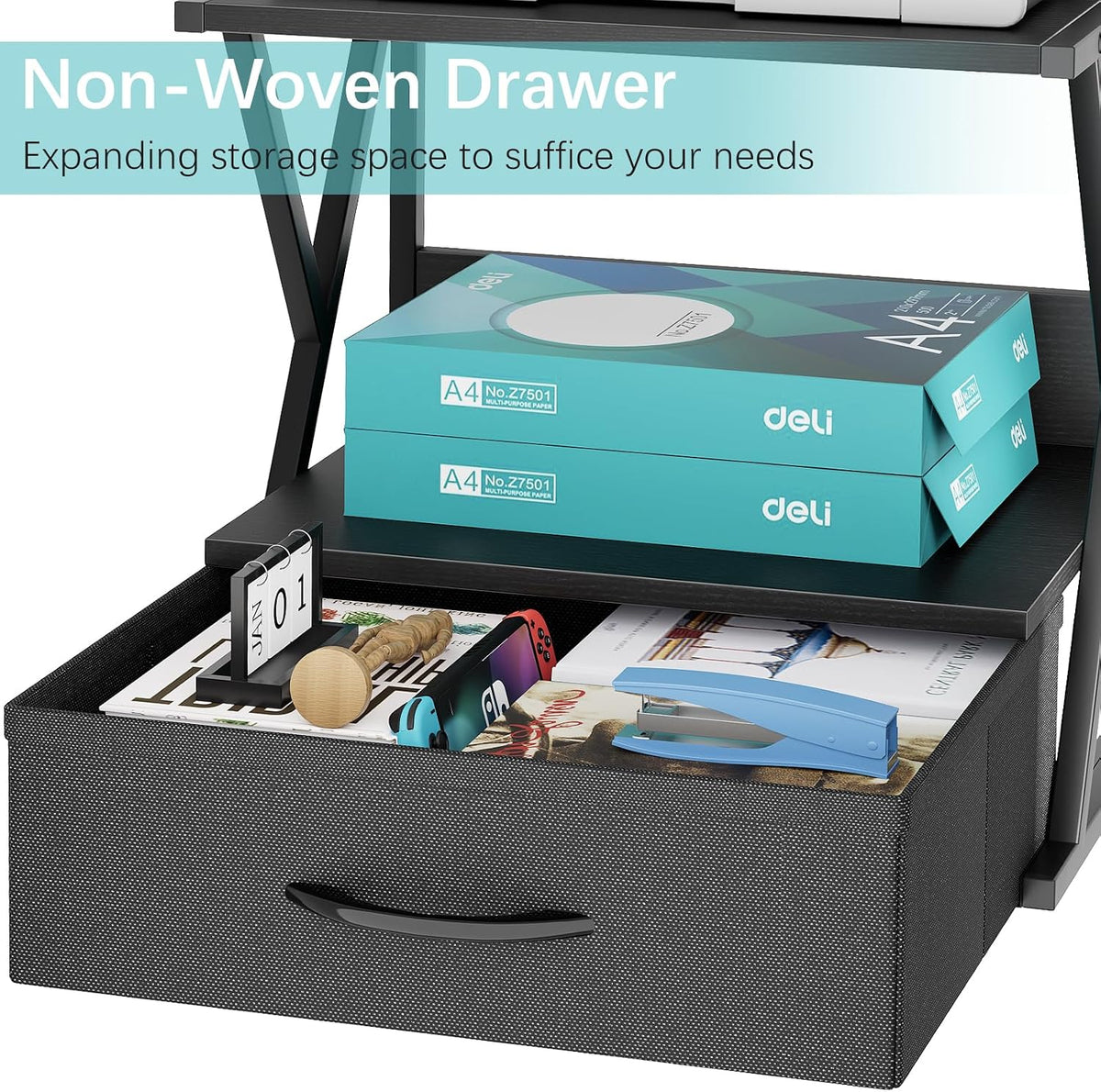 aboxoo Printer Stand for Desk with Storage Drawer, 2 Tier Desktop Or Under Desk Shelf, Multi-Purpose Desks Organizer for Home Office, fit Fax Machine/3D Printer/Scanner, Black