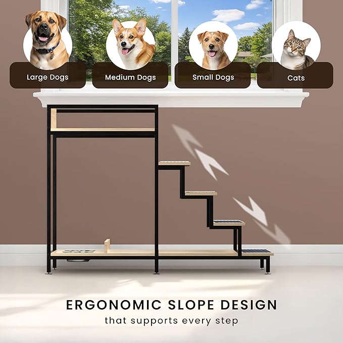 Dog Window Perch with Stairs - Multilevel Perch to Look Out Window with 130 lbs Load Capacity - Pet Bunk Bed with Feeding Station & Anti-Slip Carpet (Walnut Color)