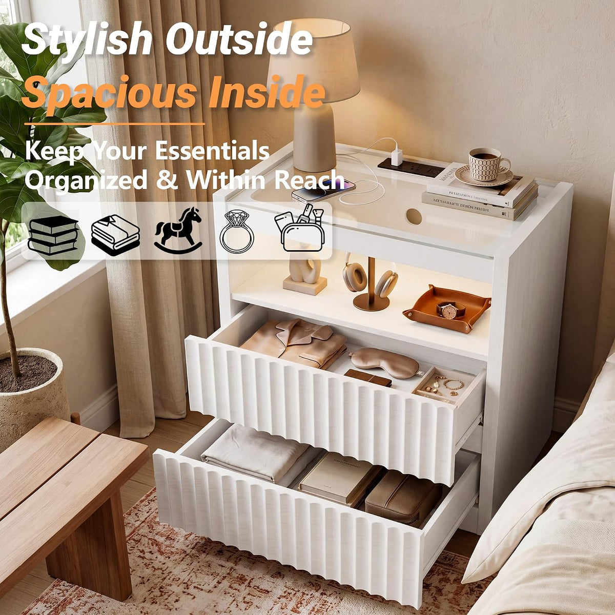 Modern Nightstand with Charging Station,Fluted 2 Drawers,White Oak Finish