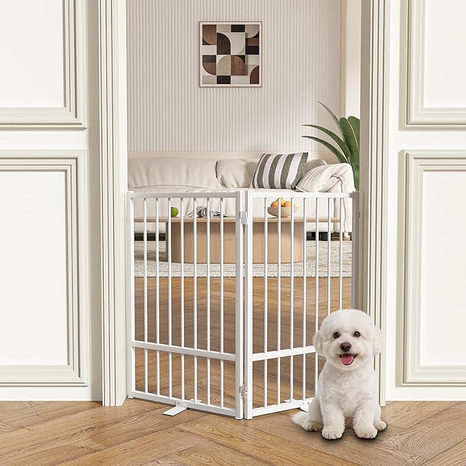 Full Metal Freestanding Dog Gate with Door, 32''Height Foldable Pet Dog Fence for Indoor & Outdoor, 2 Panels Extra Wide Free Standing TallDog Gates for Doorways,House,Stairs,Porch,Deck,Yard