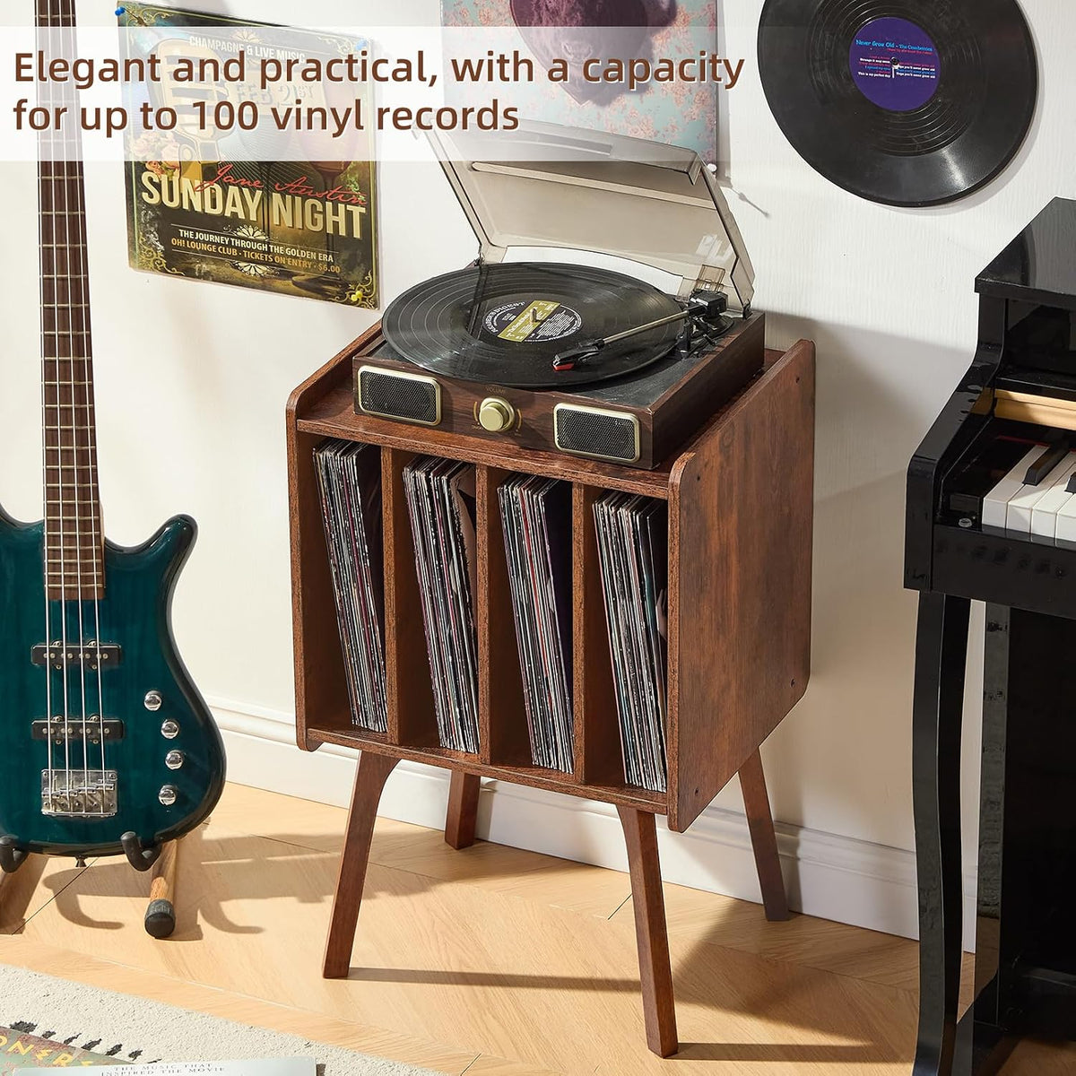 LELELINKY Rustic Brown LP Record Player Stand, Vinyl Record Storage Table