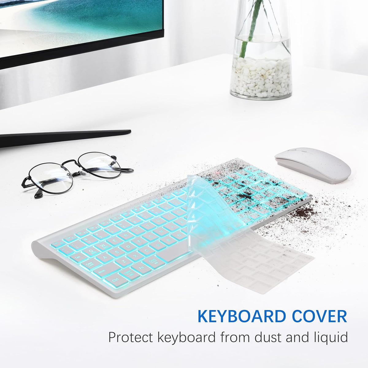Wireless Backlit Keyboard and Mouse Ultra Slim Combo, TopMate - Matte White