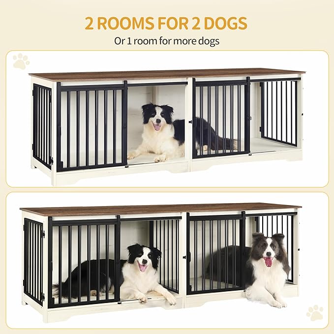 78" Dog Crate Furniture for 2 Dogs, Double Dog Cage with Divider, Wooden Heavy Duty Dogs Kennel, Pet Cage with Barn Door, TV Stand for Large Small Medium Dogs, White Brown DFC83714BV1