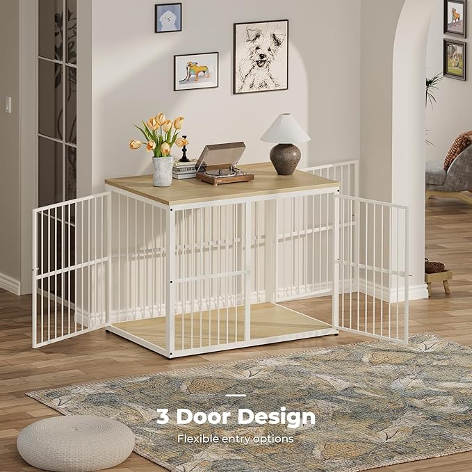 Lyromix 43'' Dog Crate Furniture with 3 Doors, XL Wooden Crate End Table, Heavy Duty Indoor Puppy Cage Kennel for Medium to Large Dogs, Multiple Units Can be Combined, Natural Beech