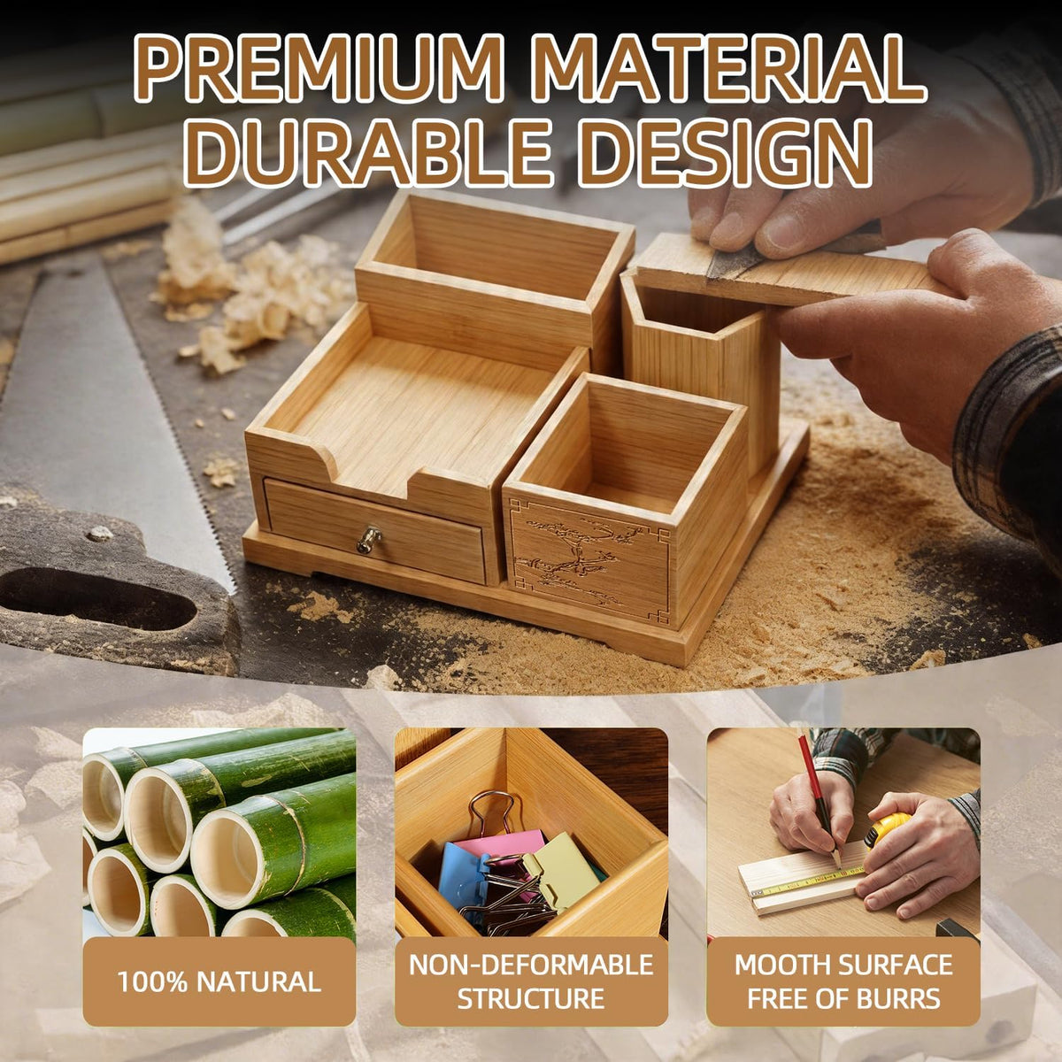 Bamboo Desk Organizer with Drawer & Pen Holder, Office Desk Caddy Storage