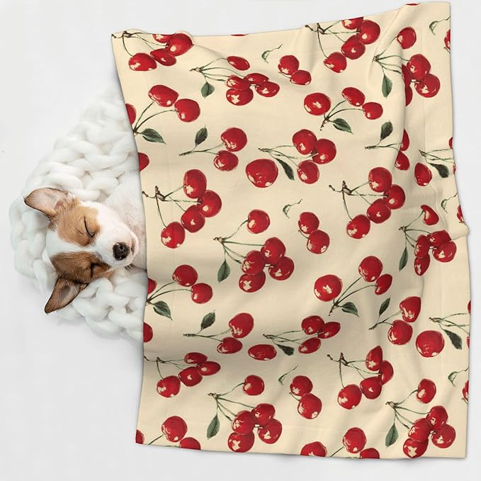 Waterproof Dog Blanket Soft Pet Blanket for Puppy Cat, Fleece Cat Throw Blankets for Furniture Bed Couch Sofa Reversible - Red Cherries 3