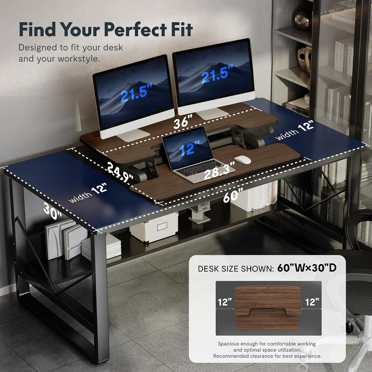 FLEXISPOT 36" Standing Desk Converter, Dual Monitor Desk Riser, Sit Stand Computer Workstation with Ergonomic Height Adjustment, Large Stand Up Desk Riser for Home Office, Walnut