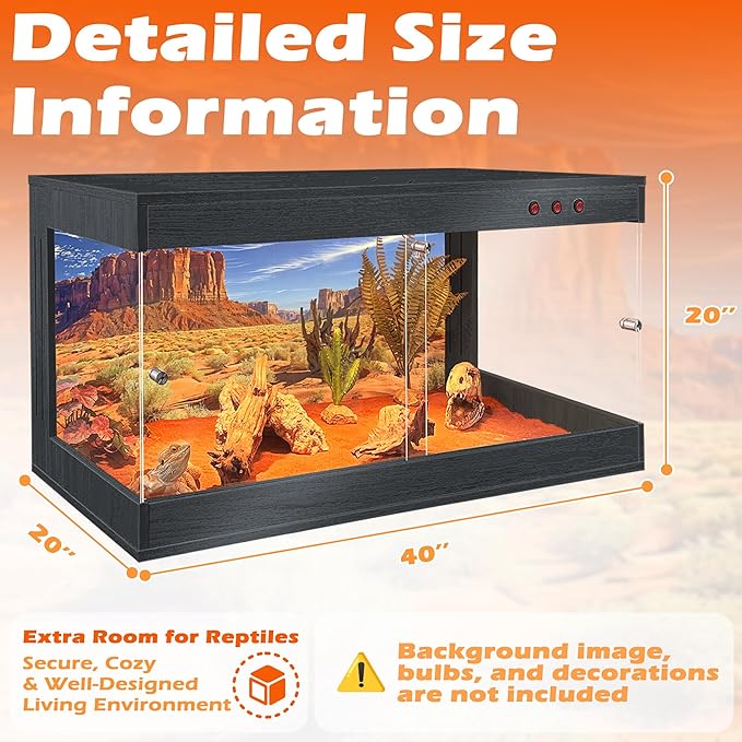 Royxen Tempered Glass Reptile Tank 62 Gallon,Reptile Enclosure with Metal Mesh Top and Lockable Design, Bearded Dragon Tank for Lizard Habitat, 40"x20"x20", Black