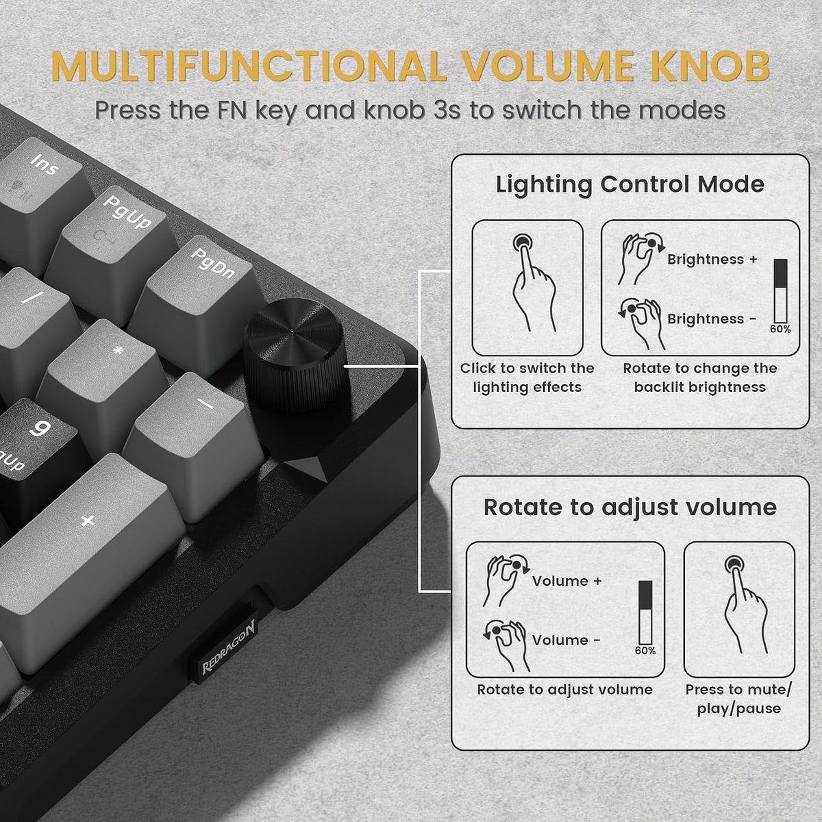 Redragon K742 Wireless Mechanical Gaming Keyboard with Knob for PC Computer