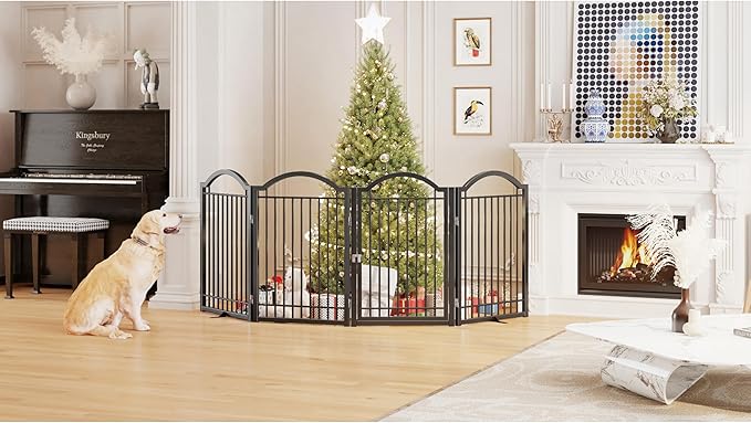 BHG Metal No-Assembly Freestanding Dog Gate with Door Walk Through, Extra Wide 96", Extra Tall 32" Pet Gate, Accordion Puppy Folding Playpen Dog Fence, with 2PCS Support (Black, 4 Panels)