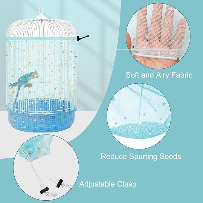 Bird Cage Cover, 45-90'' Adjustable, Universal Nylon Mesh Net, Bird Cage Skirt Guard, Blue