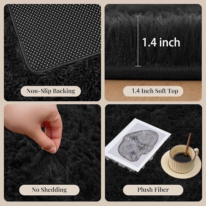 Area Rug for Living Room Bedroom: 5x7 Black Soft Fluffy Shag Upgrade Non-Slip
