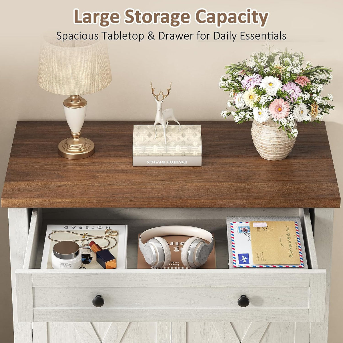 Farmhouse Shoe Storage Cabinet, 5-Tier High Boots Organizer with Adjustable Shelves, Large Drawer & Barn Doors, Entryway Shoe Rack for Hallway Living Room, White