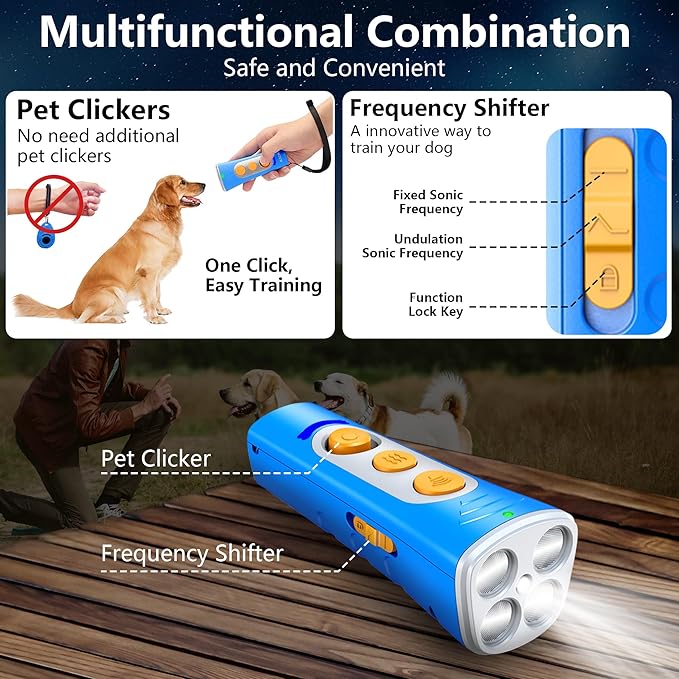 MODUS New Anti Barking Device, 4X Ultrasonic Emitters Dog Bark Deterrent Device, Rechargeable Dog Barking Control Devices with 50ft Range Dog Training Tool, Alternative to Dog Shock Collar (Blue)