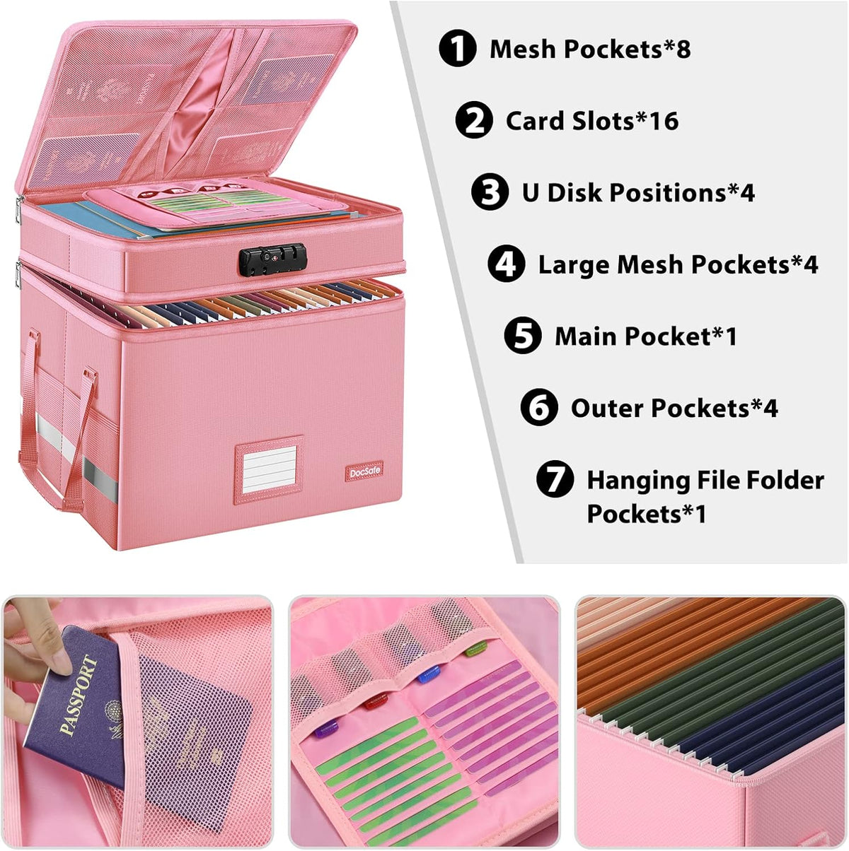 DocSafe File Box with Lock,Multi-Layer Fireproof Document Box Collapsible File Storage Organizer with Pockets/Handle,Large Portable Home Office Filing Safe for Hanging Letter/Legal Size Folders,Pink