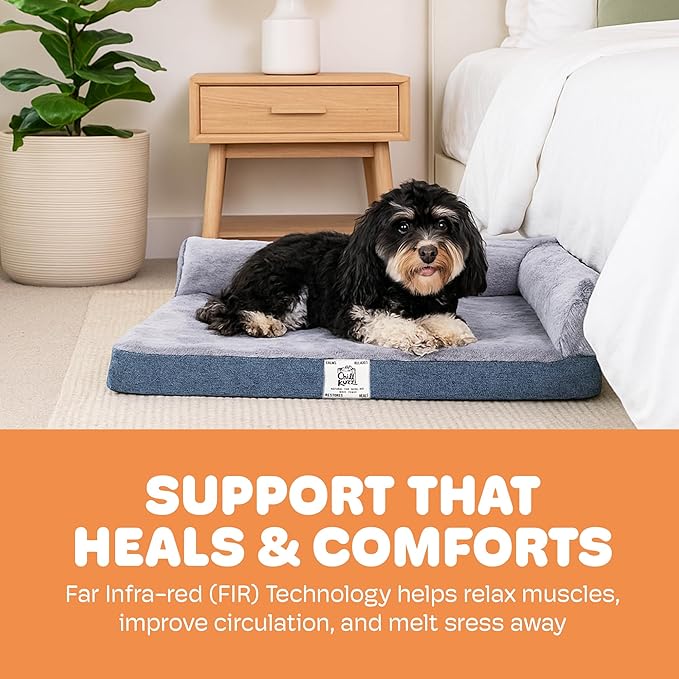 Dog Gone Smart Chill Kuzzi Dual Bolster Crate Pad - Washable Dog Bed Infused with Far Infrared Rays (FIR) Supportive Plush Cushion for Crates, Travel, and Recovery - Slate Blue, Medium 18 x 29 Inches