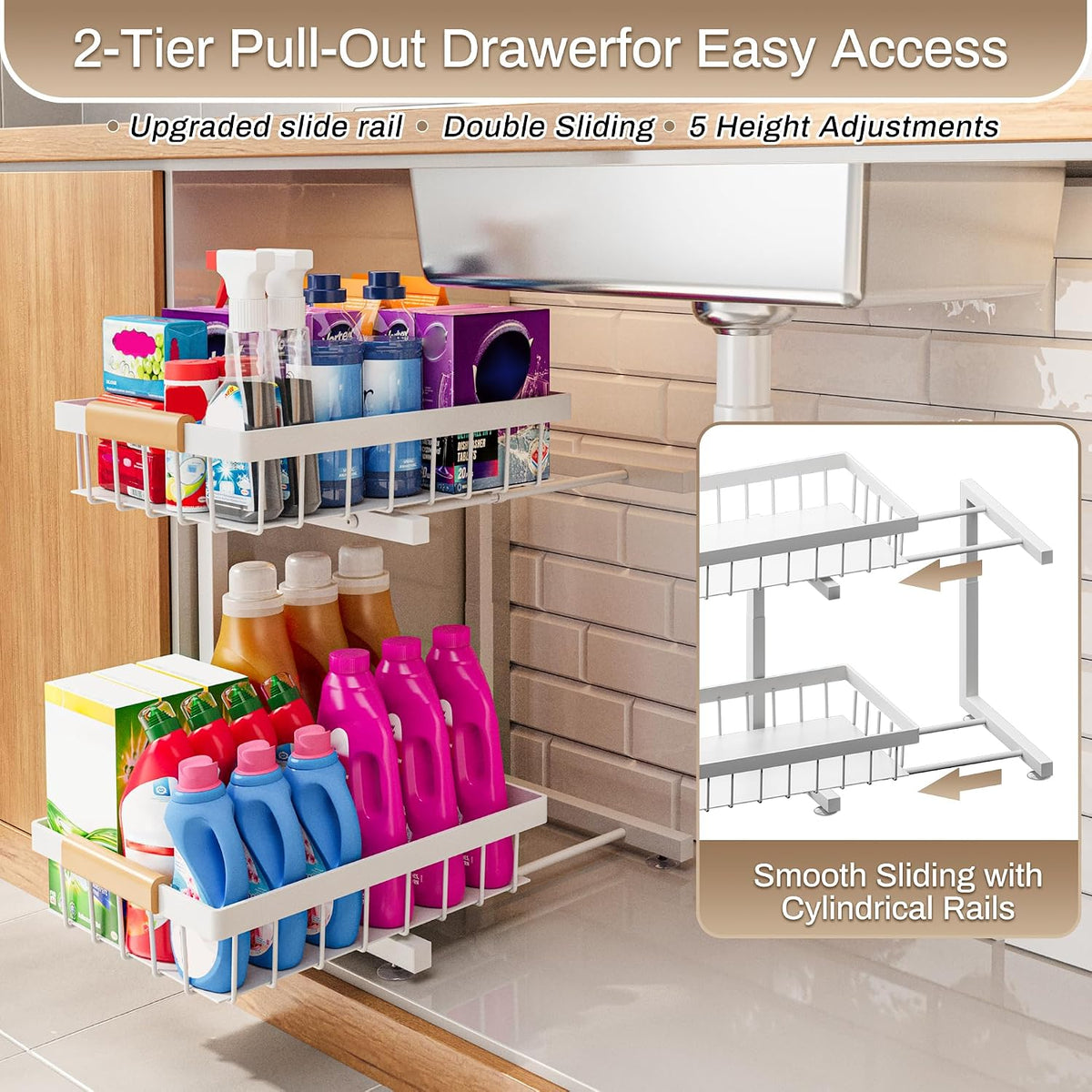 ADBIU Adjustable Under Sink Organizer, 2-Tier Pull-Out, 2-Pack, White