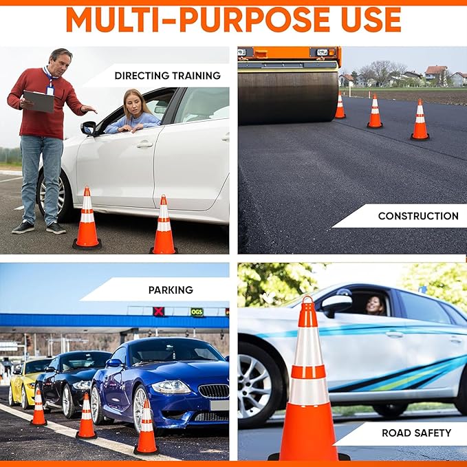 Pyle 28-Inch Safety Traffic Cones, 4-Pack Orange Parking Cones with Reflective Collars, Stackable PVC Construction for Roadwork, Sports Training & Events, Solid High-Density Base for Stability