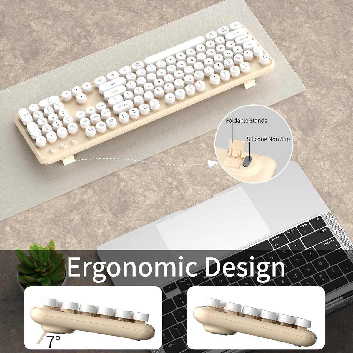Cute Colorful Wireless Bluetooth Keyboard, White Milk Tea