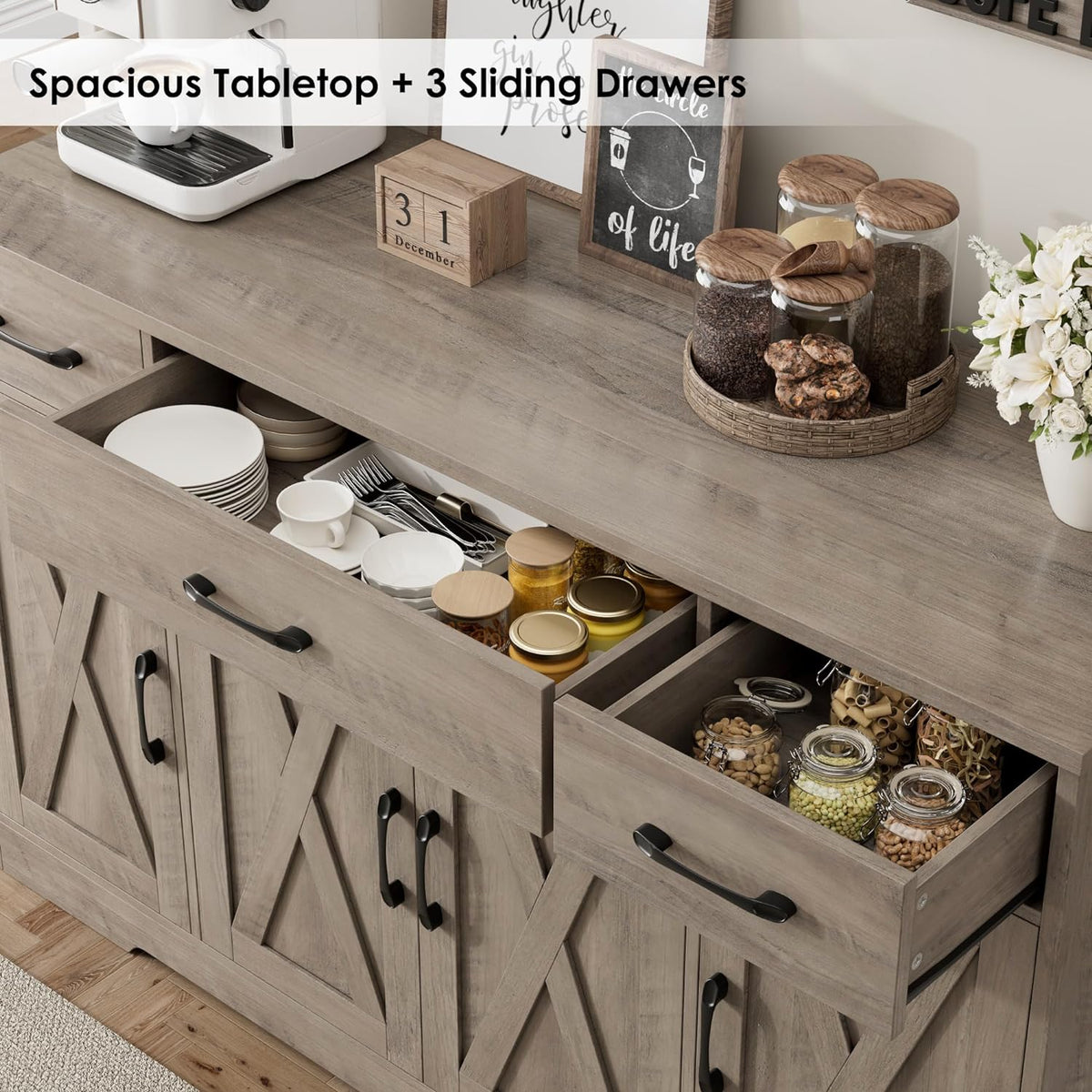 HOSTACK Kitchen Buffet Sideboard Storage Cabinet, Coffee Bar Cabinet, Grey