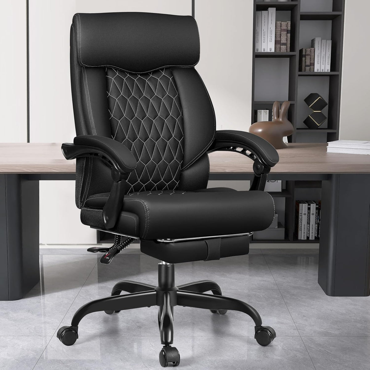Office Chair, Big and Tall Office Desk Chair, Reclining Office Chair with Footrest Home Office Desk Chairs, High Back Ergonomic with Lumbar Support, Executive Leather