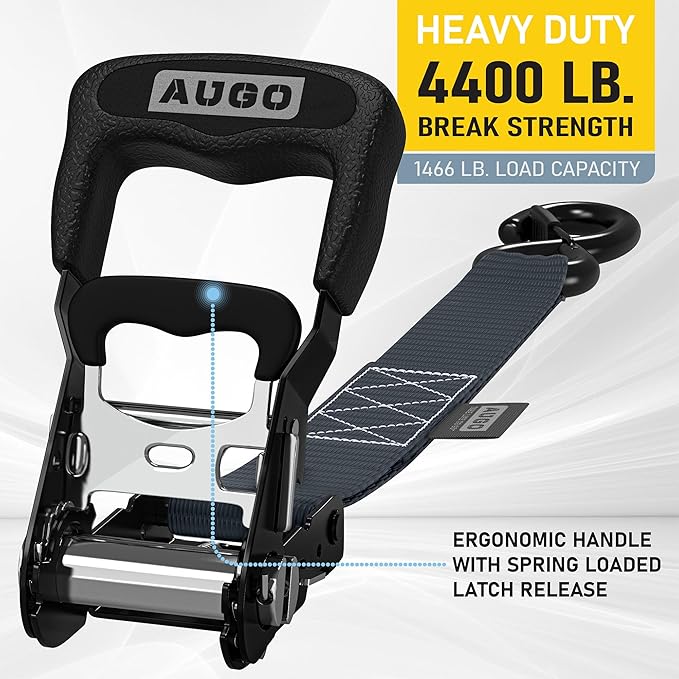 AUGO Heavy Duty Ratchet Straps & Soft Loops – Pack of 4 Extra Strong 1.5” by 15’ Ratchet Straps w/S-Hook Safety Latches & 4 Soft Loop Tie Downs – 4400Lb Break Strength for Motorcycles, ATVs, Etc.
