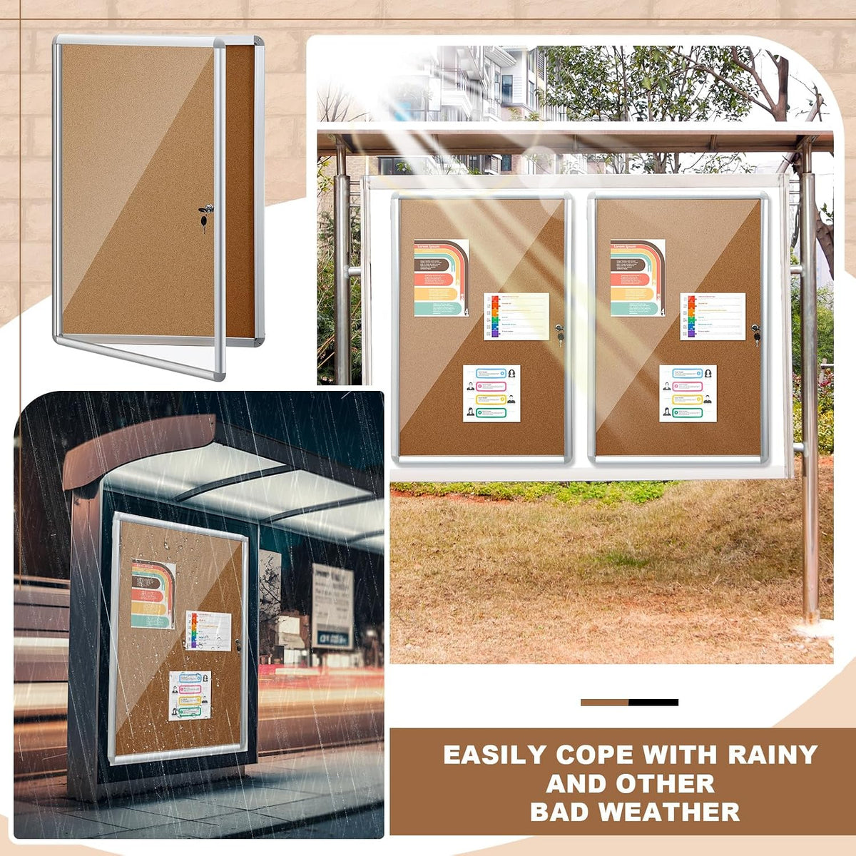 Blulu 2 Set 24 x 36 Inch Enclosed Bulletin Boards Lockable Noticeboard Windproof Outdoor Cork Display Wall Case with Locking Door for School Office Notices(Burlywood)